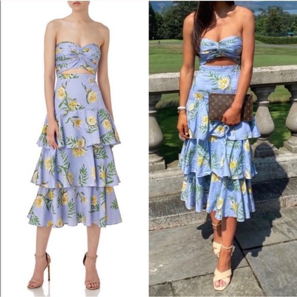 AMUR Dresses & Skirts - AMUR Strapless Cutout Roxy Floral Tiered Dress Size 2 Blue